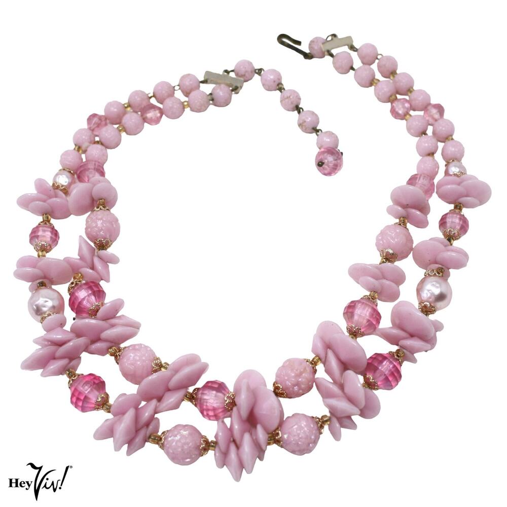 Vintage 50s W Germany Pink Beaded Double Strand Necklace Floral 18" - Hey Viv